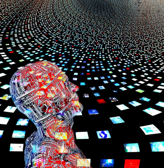 Video screens and man created entrily of my own images and human